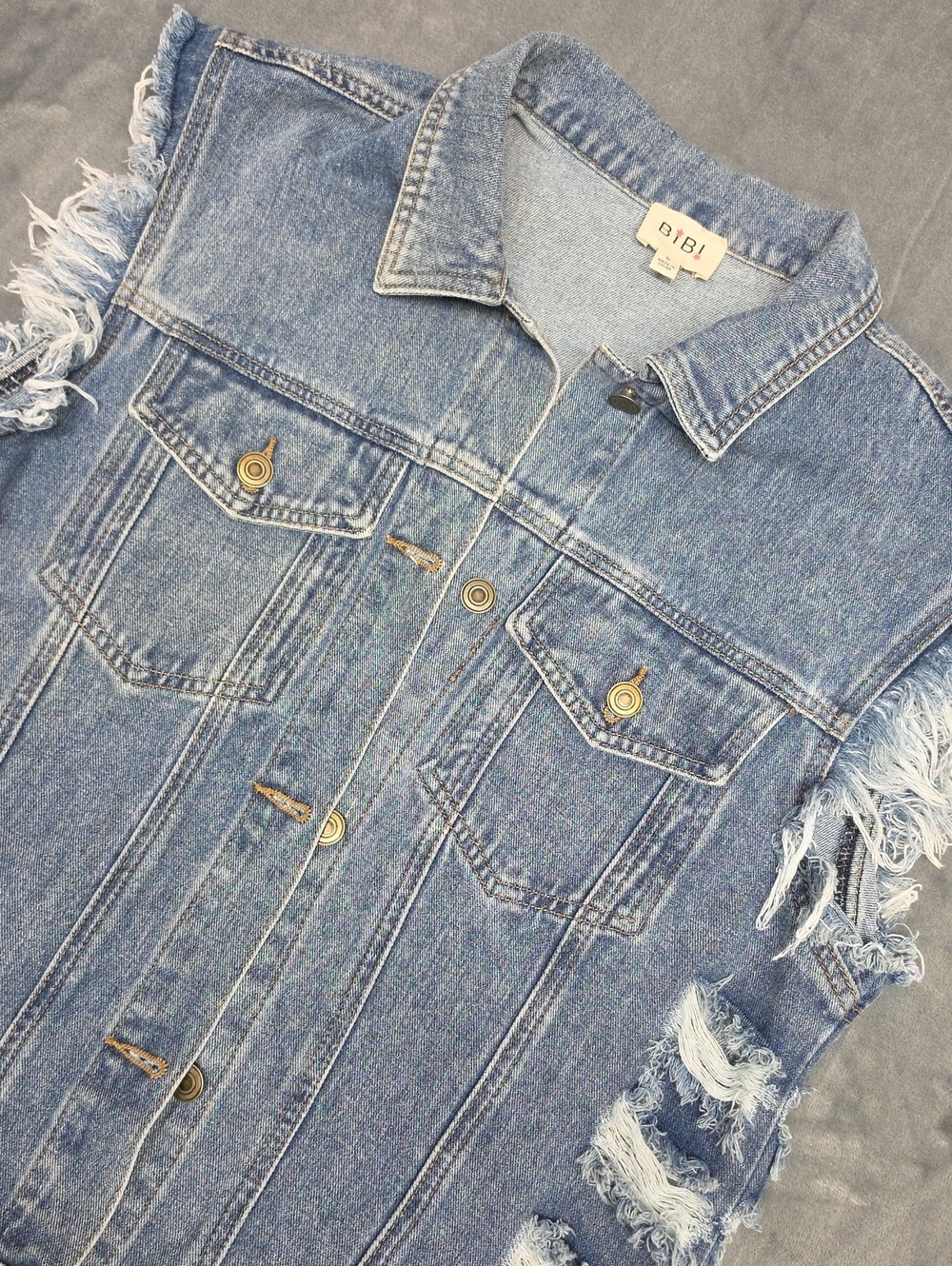 BiBi Light Blue Oversized S Distressed Frayed-Sleeve American Denim Jacket